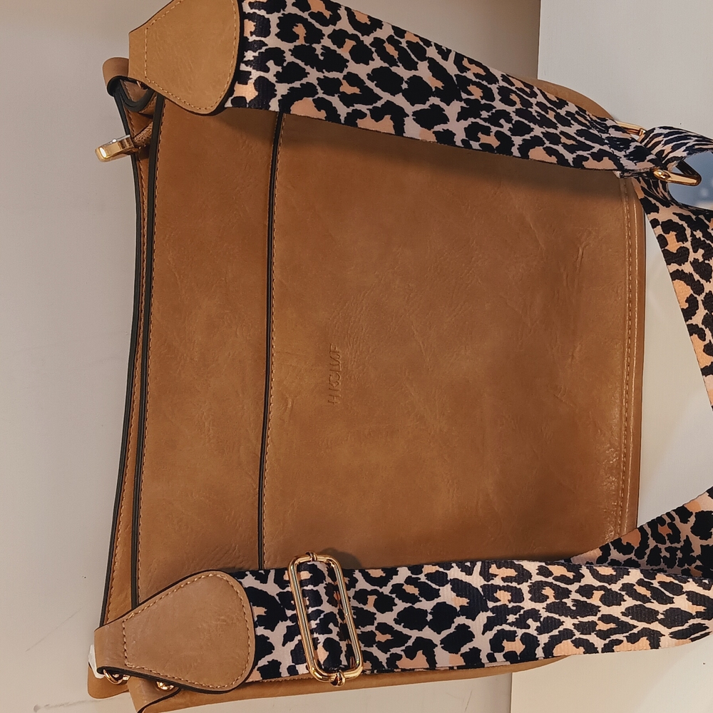 Tan Leather Bag with Leopard Strap